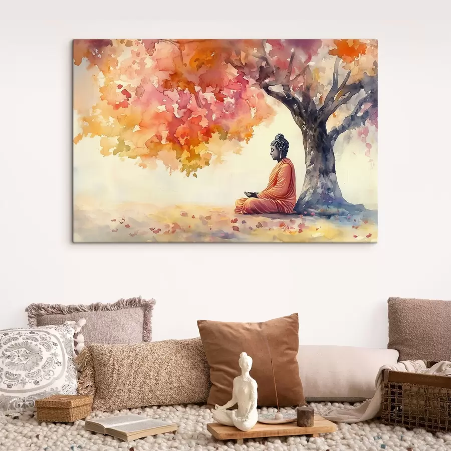 wall murals Buddha meditating under the tree, watercolor style, autumn, esoteric s41887