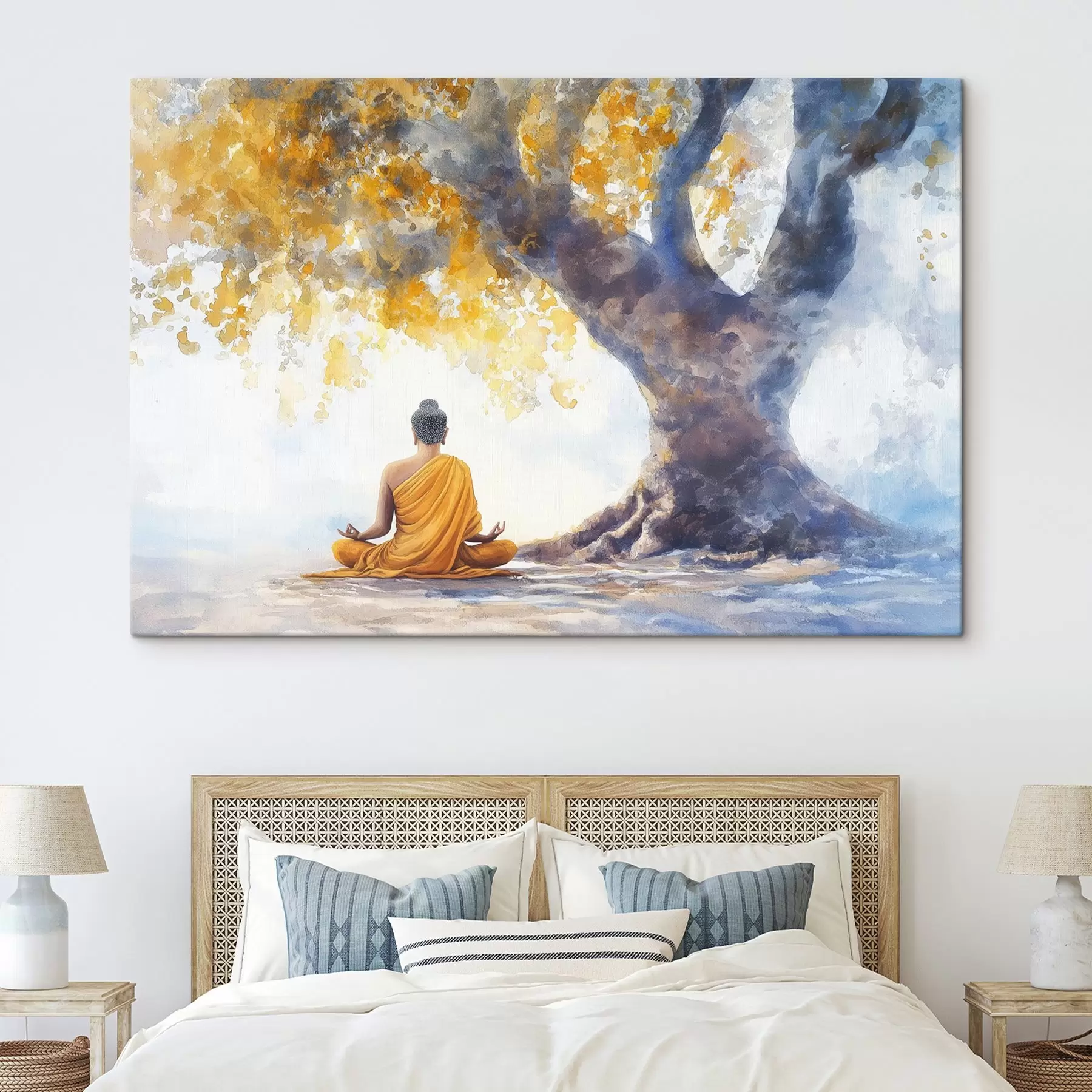 wall murals Meditation under the tree, Buddha, watercolor style, yellow and blue colors s41888