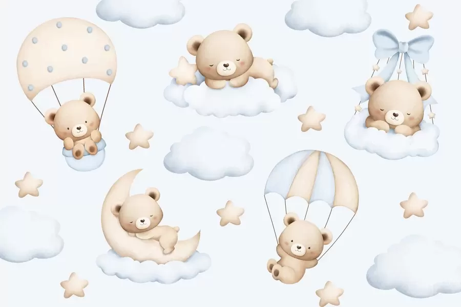 wall murals Bears on parachutes and clouds on a blue background w02385