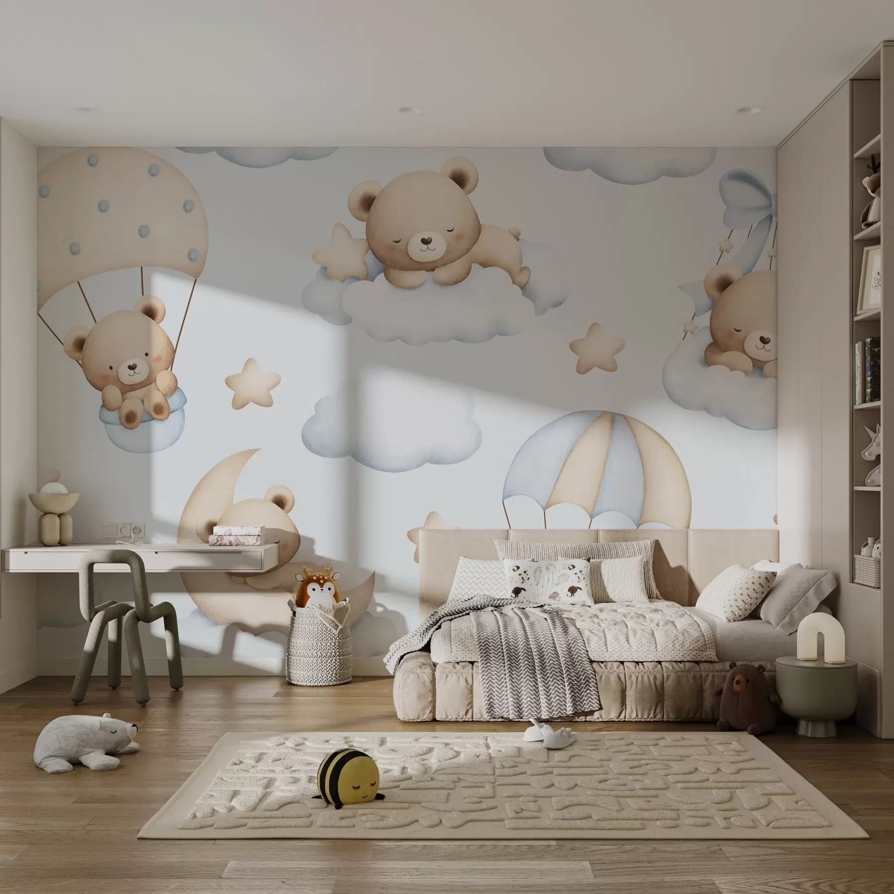 peintures murales Ours en parachute et nuages sur fond bleu w02385