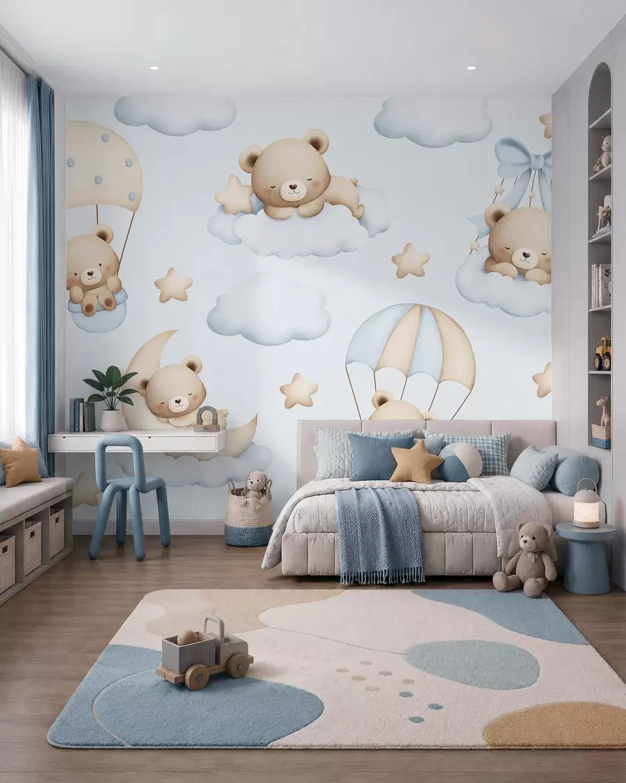 Wall Mural Photo Wallpaper Bears on parachutes and clouds on a blue background w02385