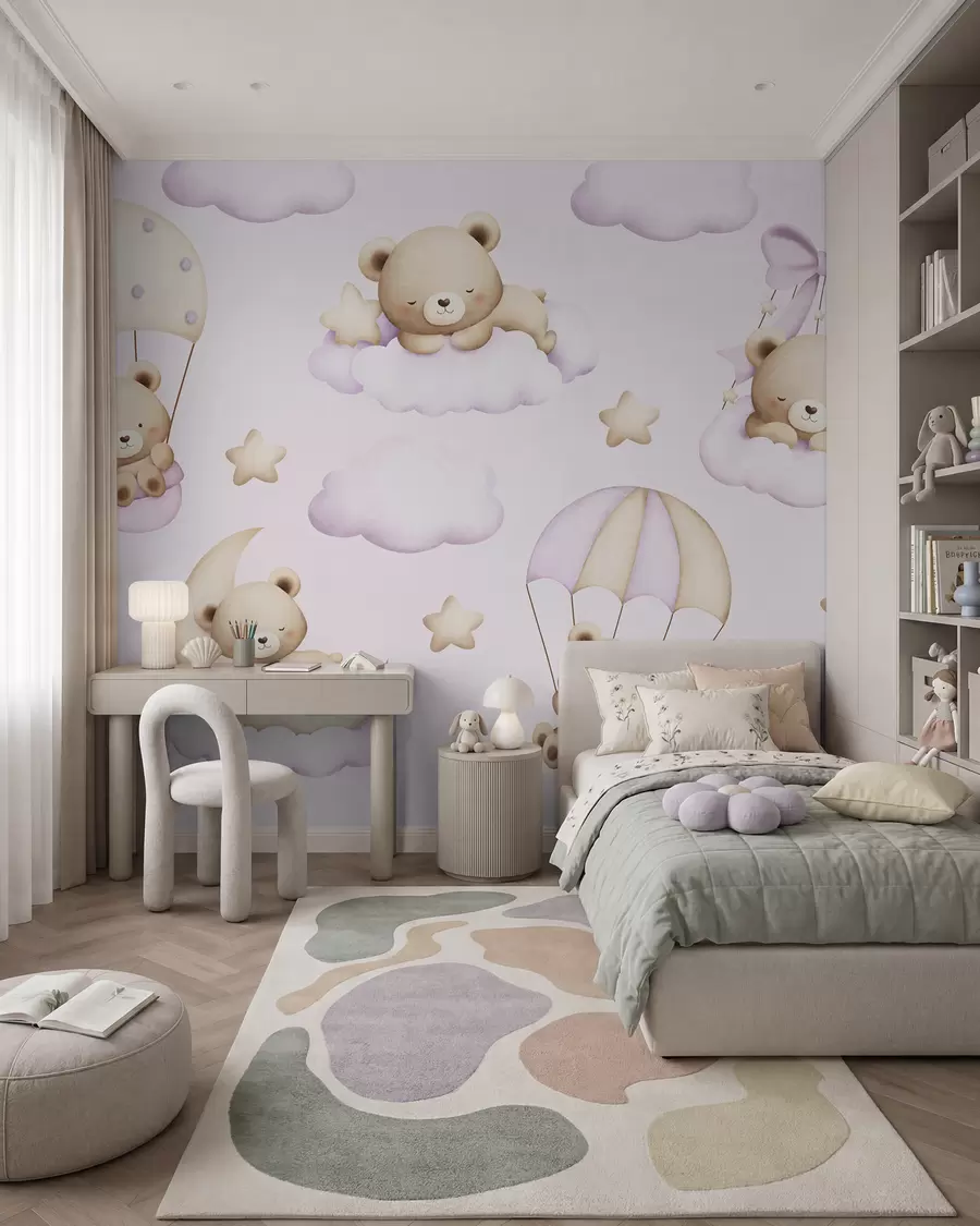 peintures murales Ours en parachute et nuages sur fond rose w02385v1
