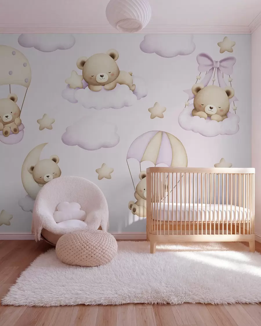 Wall Mural Photo Wallpaper Bears on parachutes and clouds on a pink background w02385v1