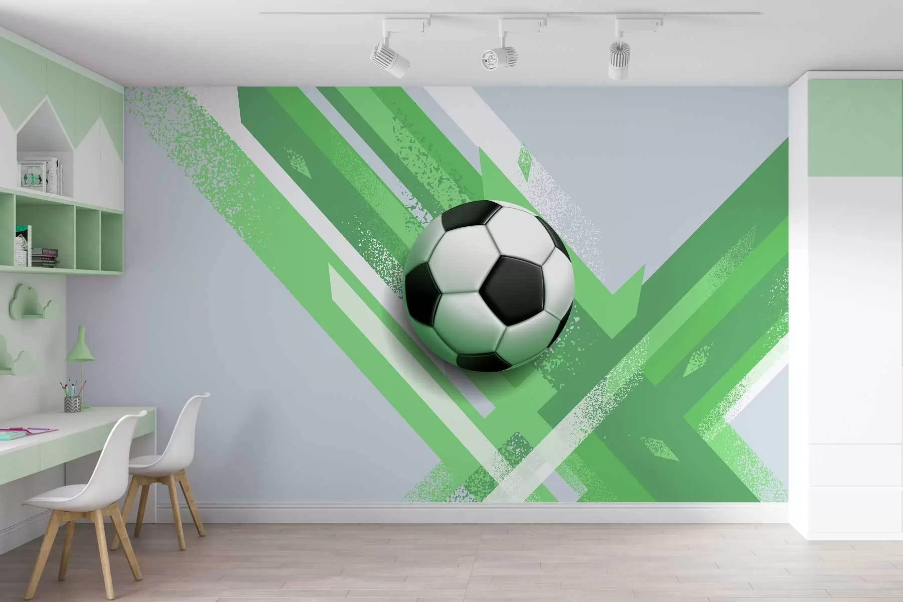 murais de parede bola de futebol sobre fundo abstrato dinâmico em tons de verde w02347v1
