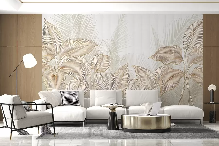 Wall Mural Photo Wallpaper Elegant white and beige palm leaves against a light, textured background w08434