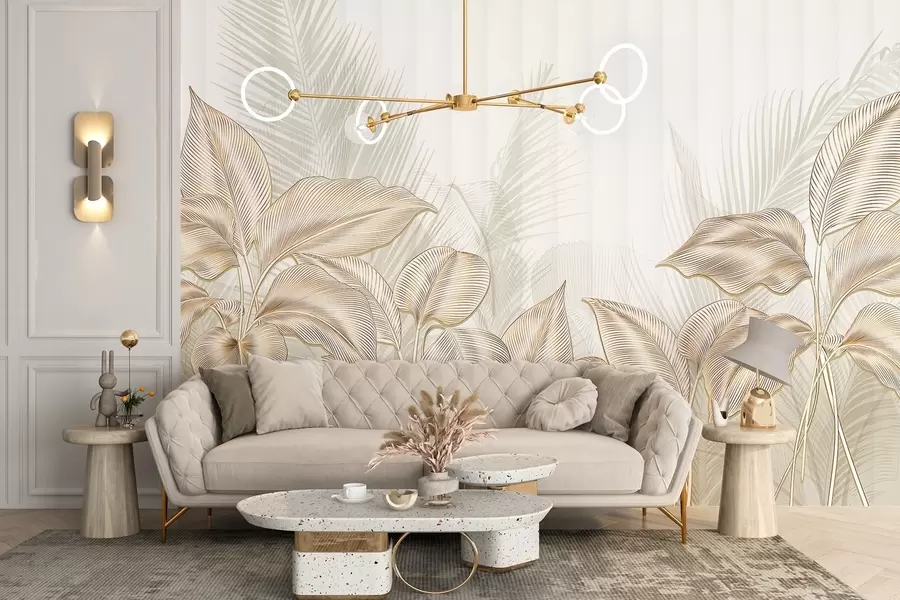 Wall Mural Photo Wallpaper Elegant white and beige palm leaves against a light, textured background w08434