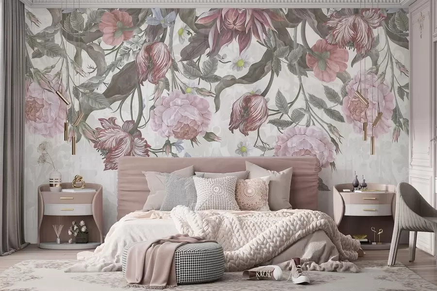 peintures murales Arrangement floral luxuriant composé de grandes fleurs roses et blanches, avec des feuilles et des tiges vertes w08435