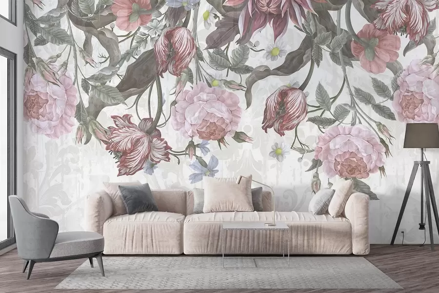 Wall Mural Photo Wallpaper A lush floral arrangement featuring large pink and white flowers, with green leaves and stems  w08435