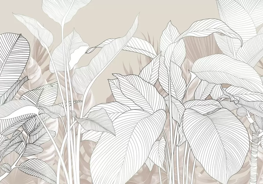 murales Ilustración monocroma de grandes hojas y follaje estilizados con intrincadas líneas y texturas w08436v1