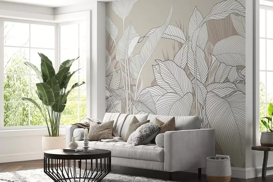 Wall Mural Photo Wallpaper A monochrome illustration featuring large, stylized leaves and foliage with intricate line patterns and textures w08436v1