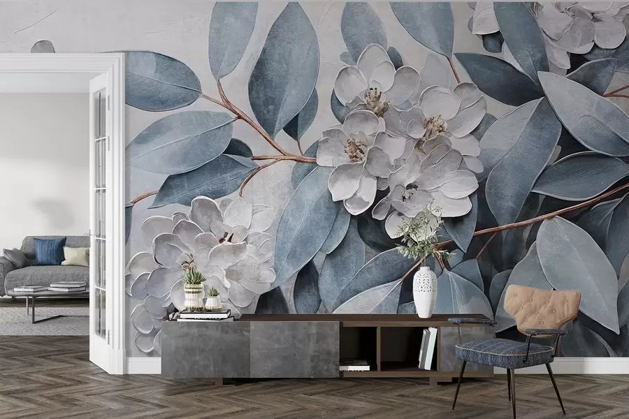 Wall Mural Photo Wallpaper Delicate white flowers with gray-green leaves against a soft, muted background in oil painting style  w08437