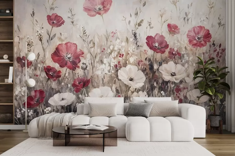 Wall Mural Photo Wallpaper A field of vibrant red and white flowers against a soft, hazy background in oil painting style w08438