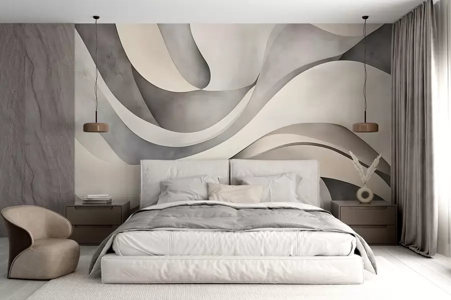 Wall Mural Photo Wallpaper White, beige and gray curved shapes and forms , creating abstract textural modern minimalistic print  w08439