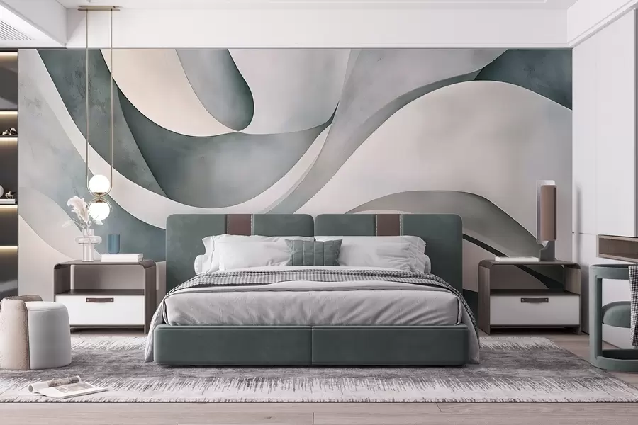 murales Formas curvas en blanco, azul y gris, creando un estampado minimalista, moderno y abstracto w08439v1