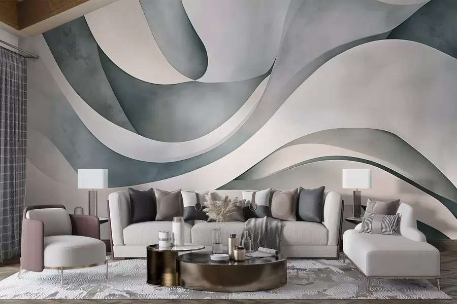 murales Formas curvas en blanco, azul y gris, creando un estampado minimalista, moderno y abstracto w08439v1