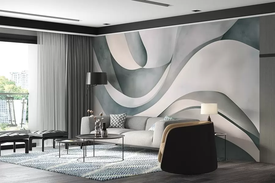 Wall Mural Photo Wallpaper White, blue and gray curved shapes and forms , creating abstract textural modern minimalistic print  w08439v1