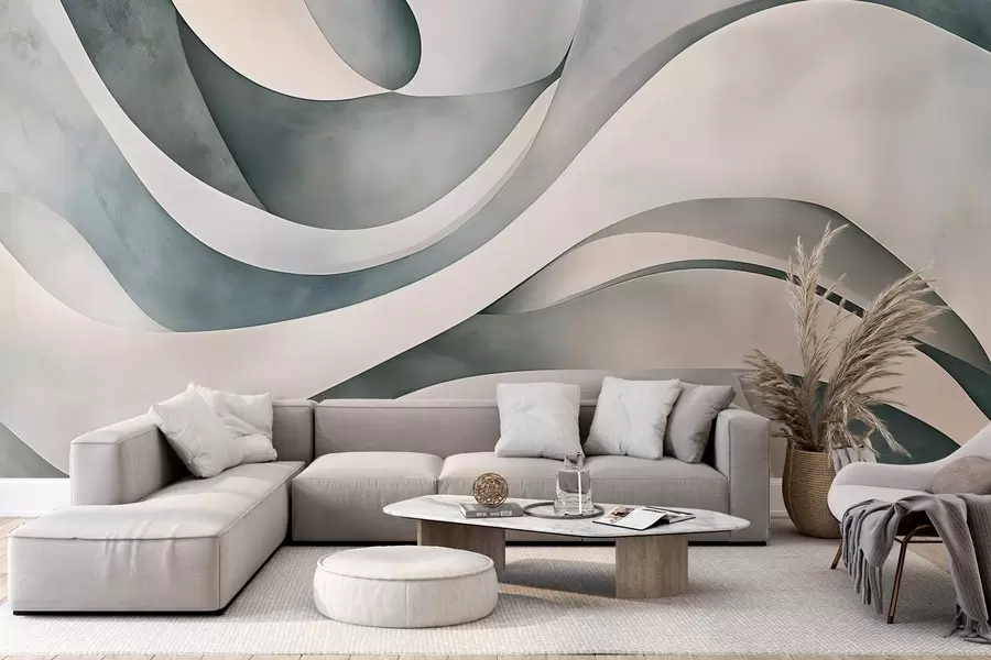 Wall Mural Photo Wallpaper White, blue and gray curved shapes and forms , creating abstract textural modern minimalistic print  w08439v1