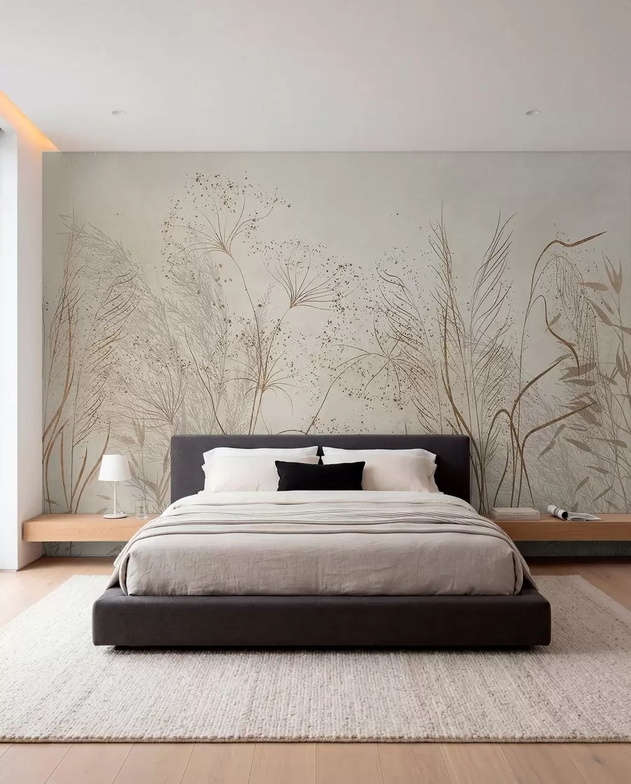 wall murals A monochrome illustration of various beige plants and spikelets with delicate, wispy lines and textures w08441