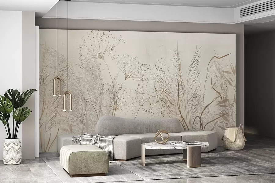 Wall Mural Photo Wallpaper A monochrome illustration of various beige plants and spikelets with delicate, wispy lines and textures  w08441