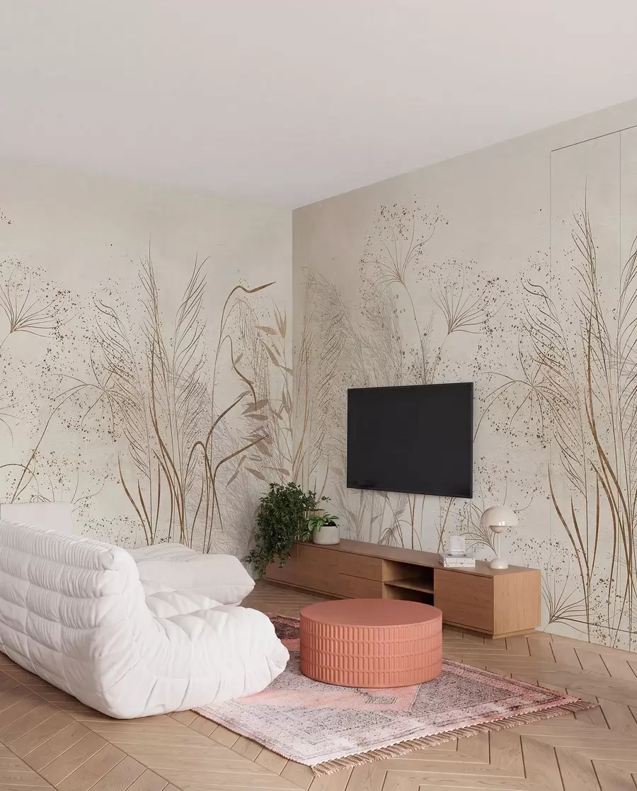 Wall Mural Photo Wallpaper A monochrome illustration of various beige plants and spikelets with delicate, wispy lines and textures  w08441