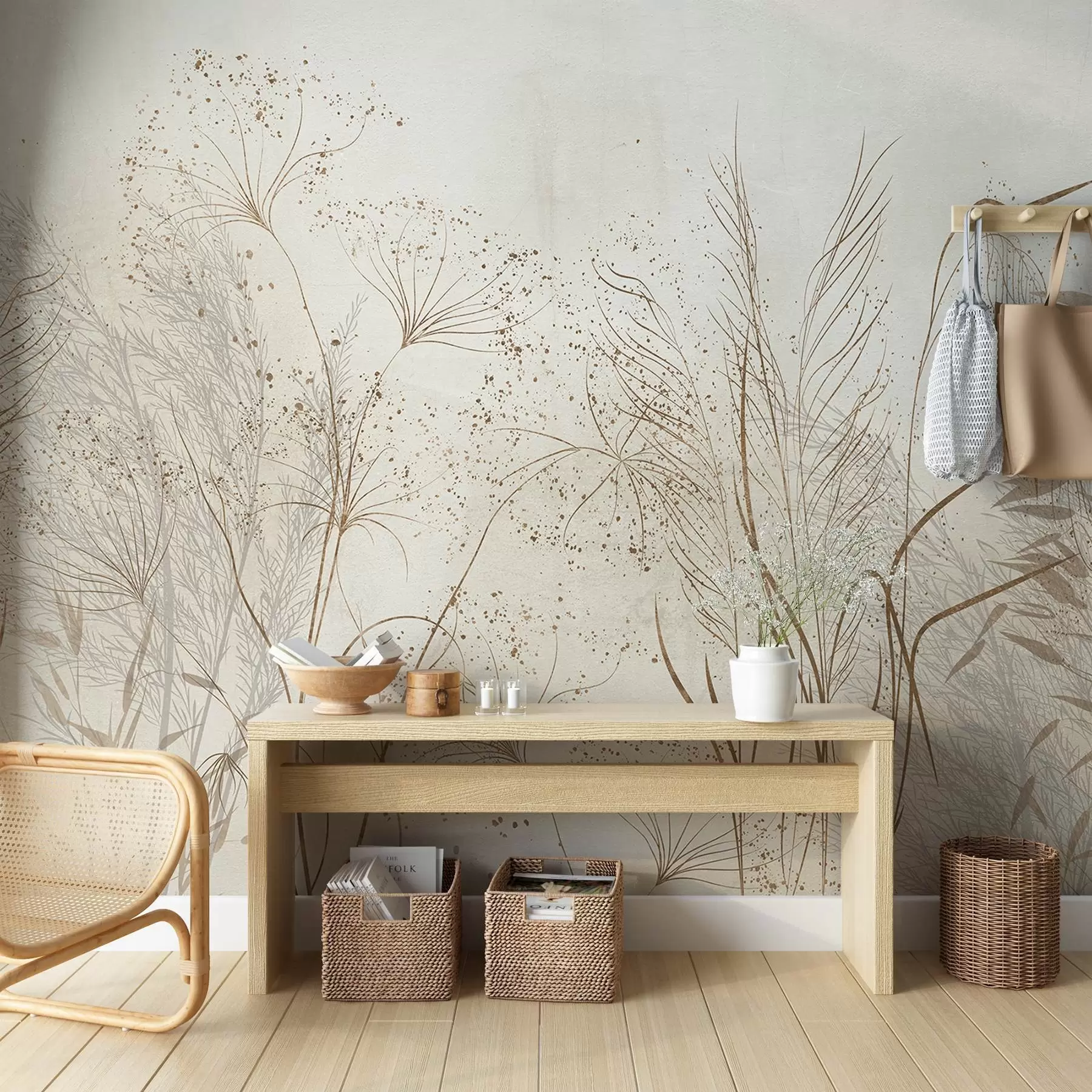 wall murals A monochrome illustration of various beige plants and spikelets with delicate, wispy lines and textures w08441
