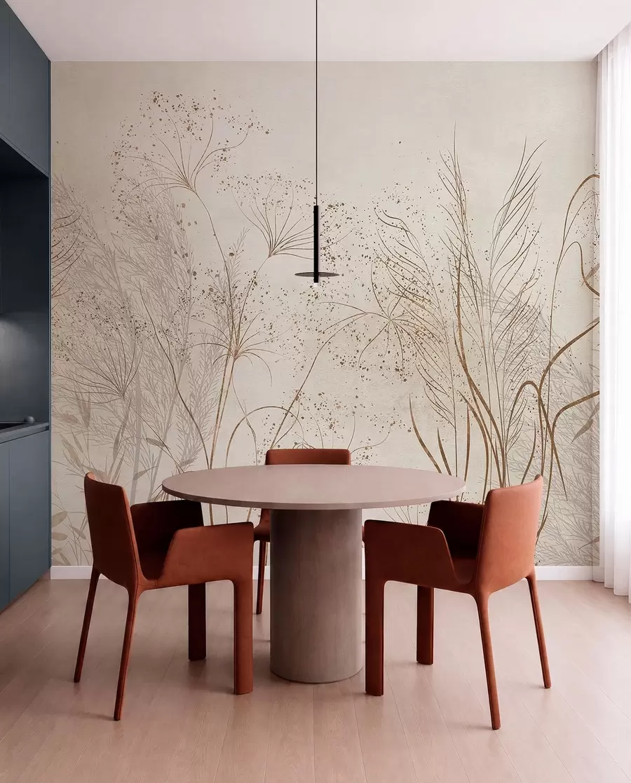 wall murals A monochrome illustration of various beige plants and spikelets with delicate, wispy lines and textures w08441