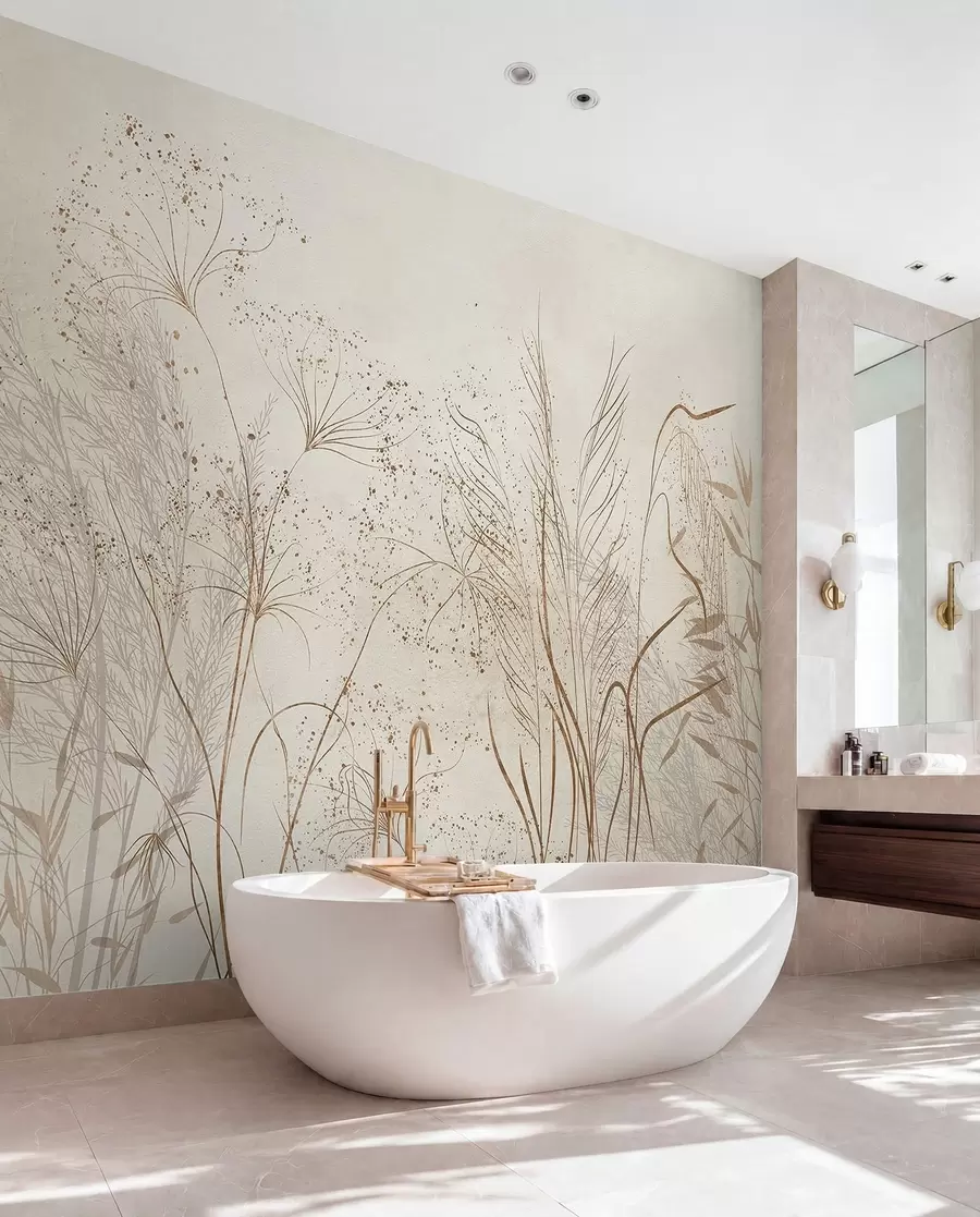wall murals A monochrome illustration of various beige plants and spikelets with delicate, wispy lines and textures w08441