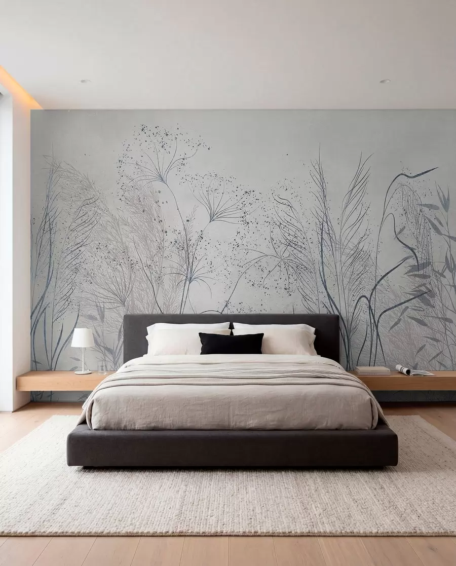 murales Ilustración monocroma de varias plantas y espiguillas grises con líneas y texturas delicadas y tenues w08441v1