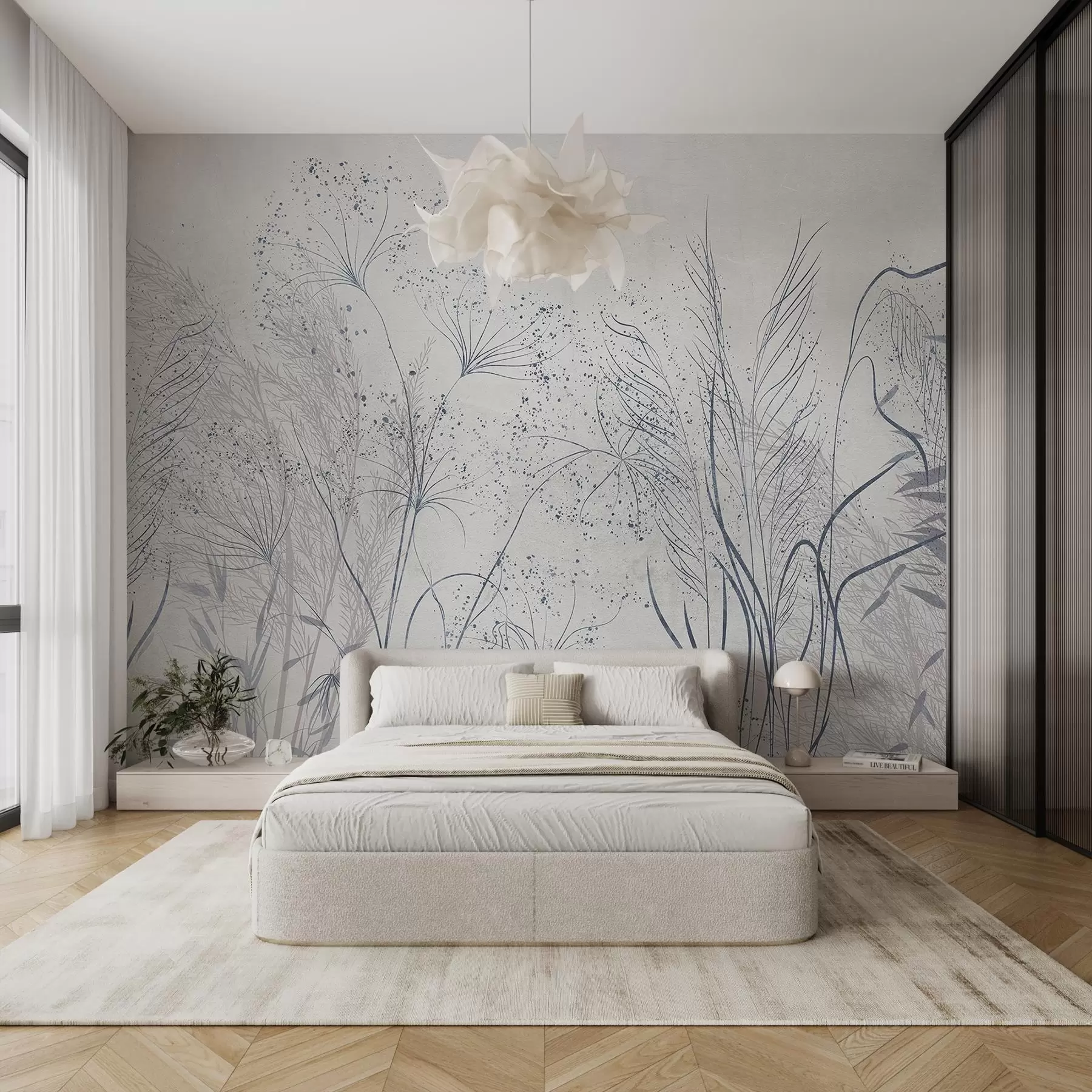 peintures murales Illustration monochrome de diverses plantes grises et d'épillets aux lignes et textures délicates et ondulantes w08441v1