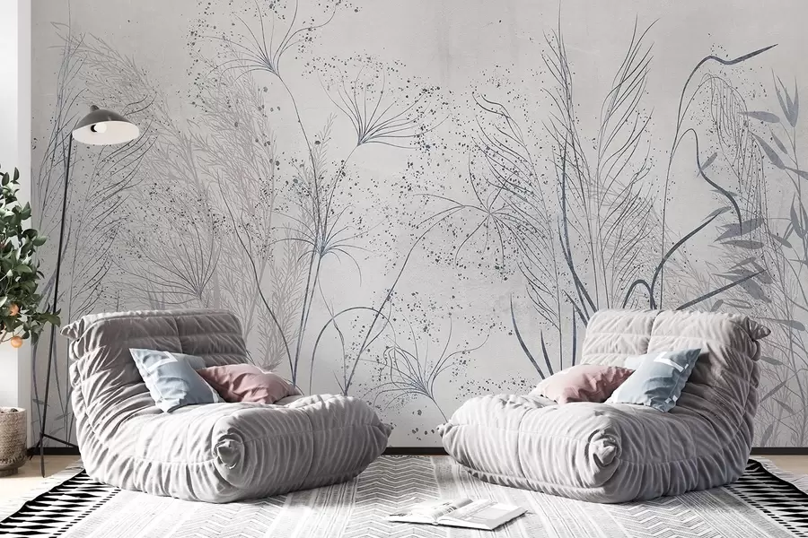 wall murals A monochrome illustration of various gray plants and spikelets with delicate, wispy lines and textures w08441v1