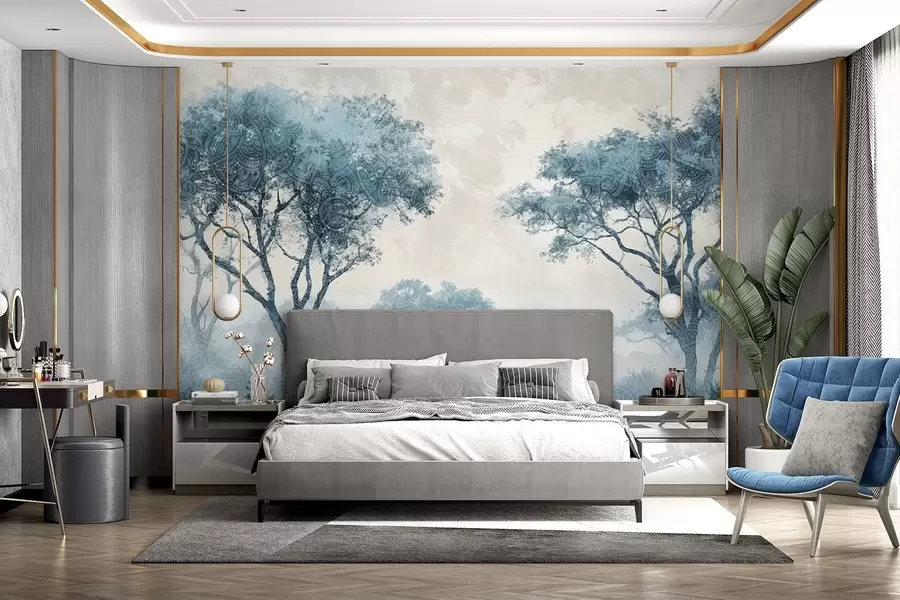 Wall Mural Photo Wallpaper A misty, serene landscape with silhouetted trees in the foreground with soft fog in shades of blue and beige w08442