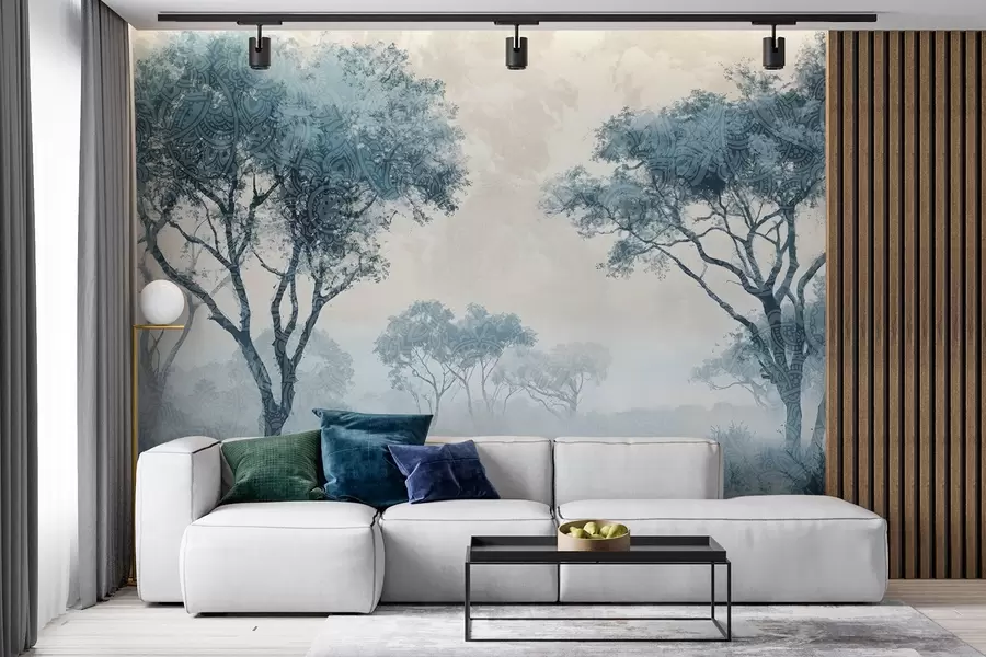 murales Un paisaje brumoso y sereno con árboles silueteados en primer plano y una suave niebla en tonos azules y beige w08442