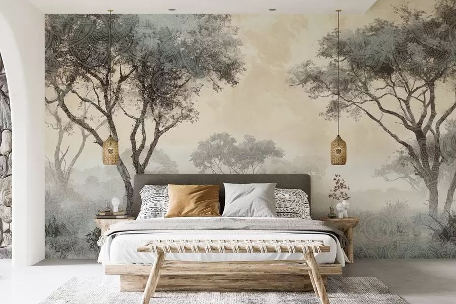 murales Un paisaje brumoso y sereno con árboles silueteados en primer plano y una suave niebla en tonos grises y beige w08442v1