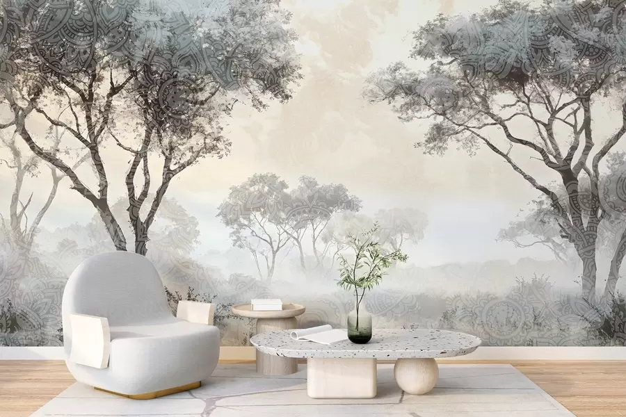 Wall Mural Photo Wallpaper A misty, serene landscape with silhouetted trees in the foreground with soft fog in shades of gray and beige w08442v1