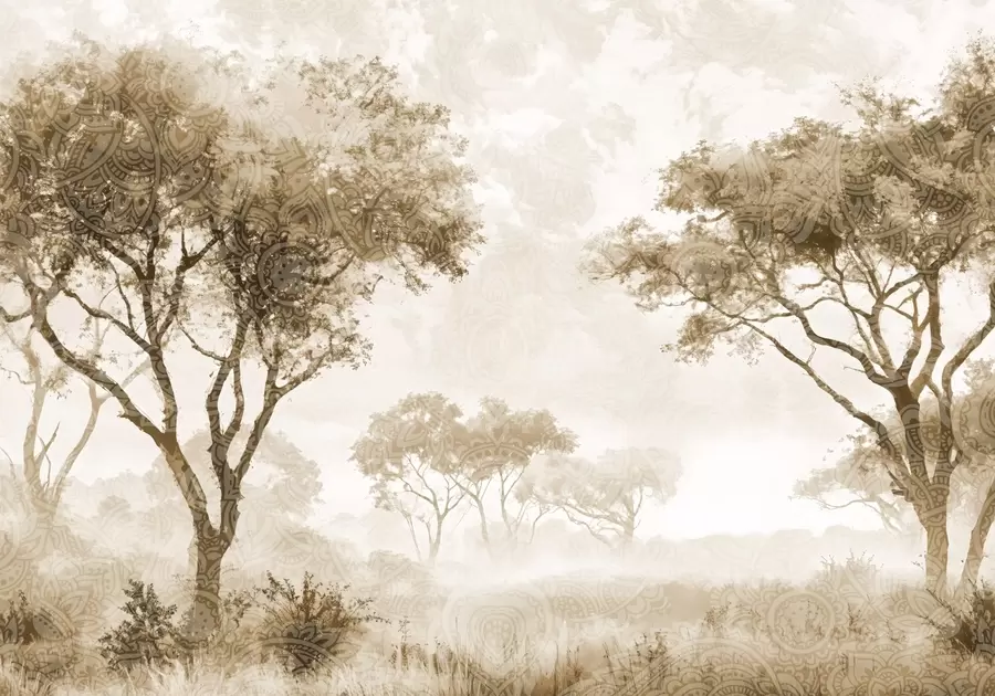 Wall Mural Photo Wallpaper A misty, serene landscape with silhouetted trees in the foreground with soft fog in shades of brown and beige w08442v2