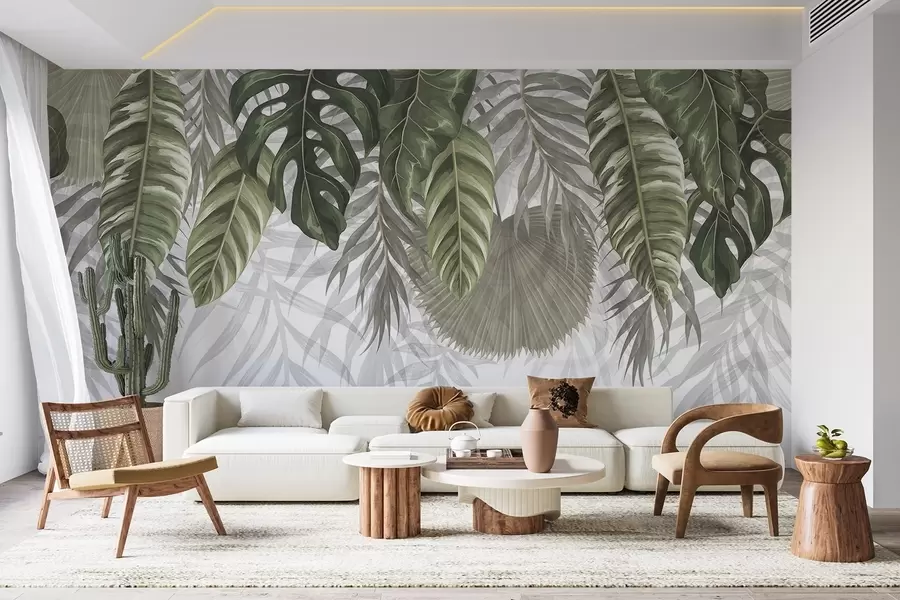wall murals Tropical leaves in shades of green including large monstera leaves and palm fronds on white background w08443