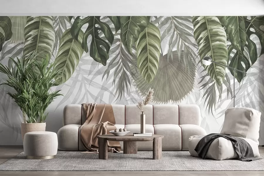 Wall Mural Photo Wallpaper Tropical leaves in shades of green including large monstera leaves and palm fronds on white background w08443