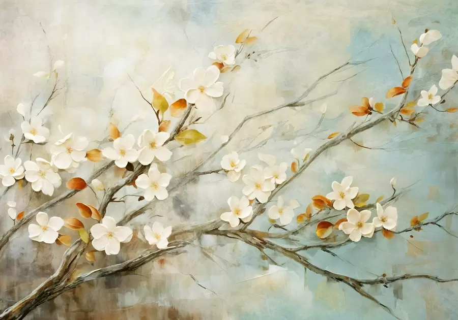 wall murals White cherry blossoms on branches against a soft blue and green background in oil painting style w08444