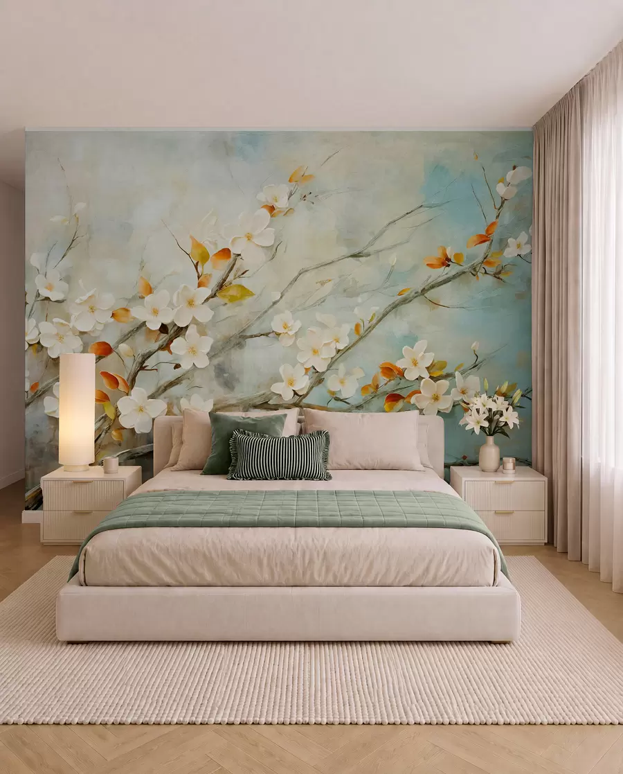 wall murals White cherry blossoms on branches against a soft blue and green background in oil painting style w08444