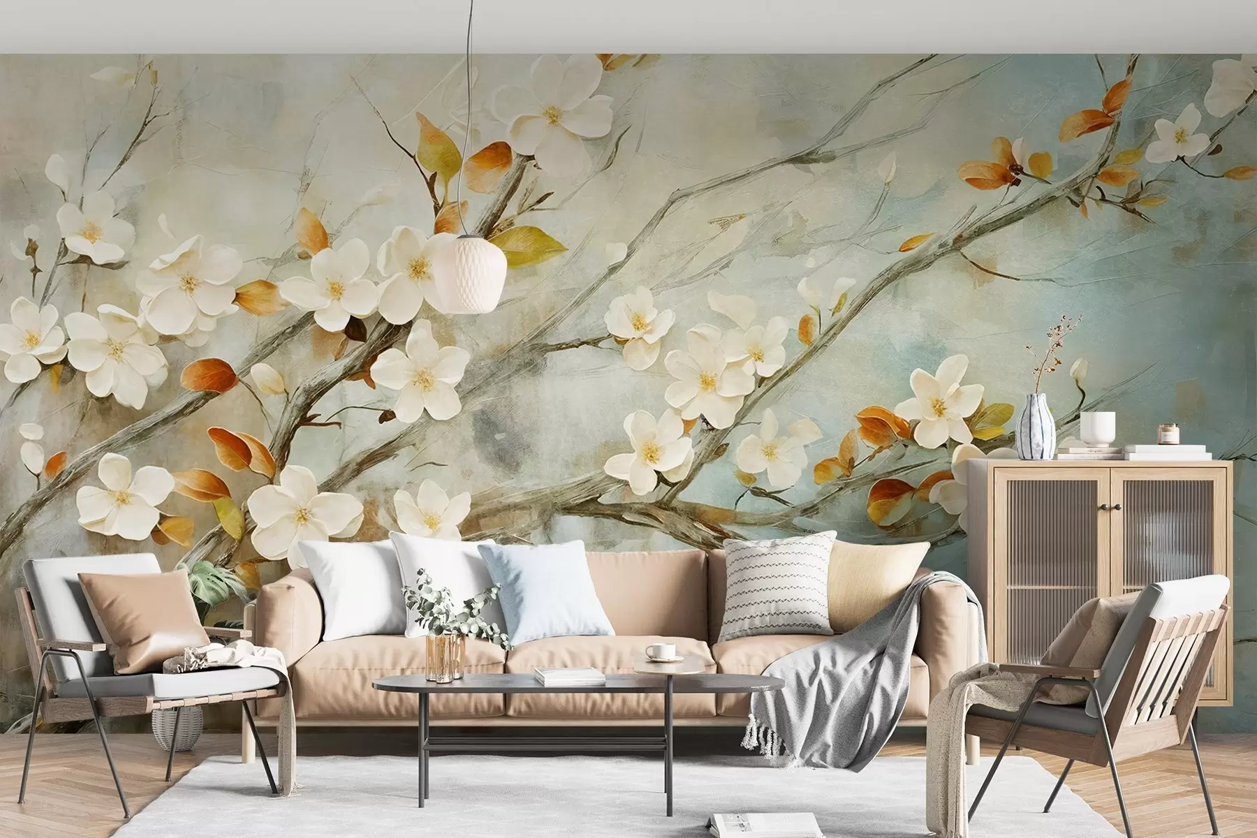 wall murals White cherry blossoms on branches against a soft blue and green background in oil painting style w08444