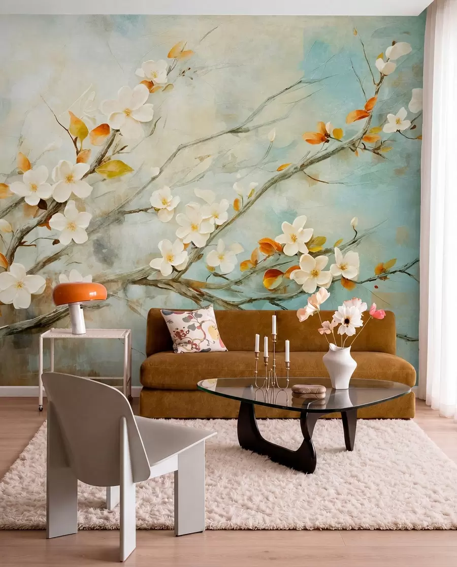 murales Flores blancas de cerezo en ramas sobre un fondo azul y verde suave en estilo de pintura al óleo w08444