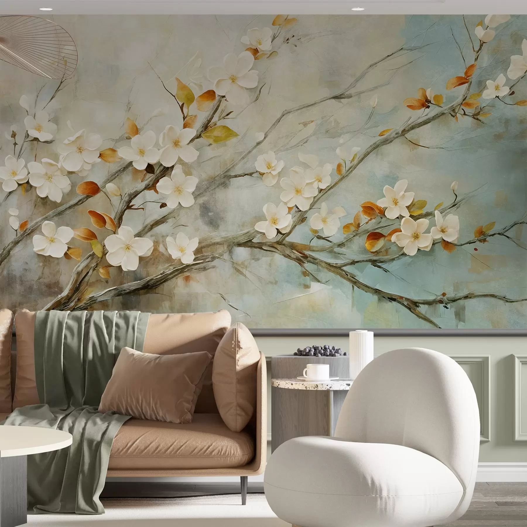 murales Flores blancas de cerezo en ramas sobre un fondo azul y verde suave en estilo de pintura al óleo w08444
