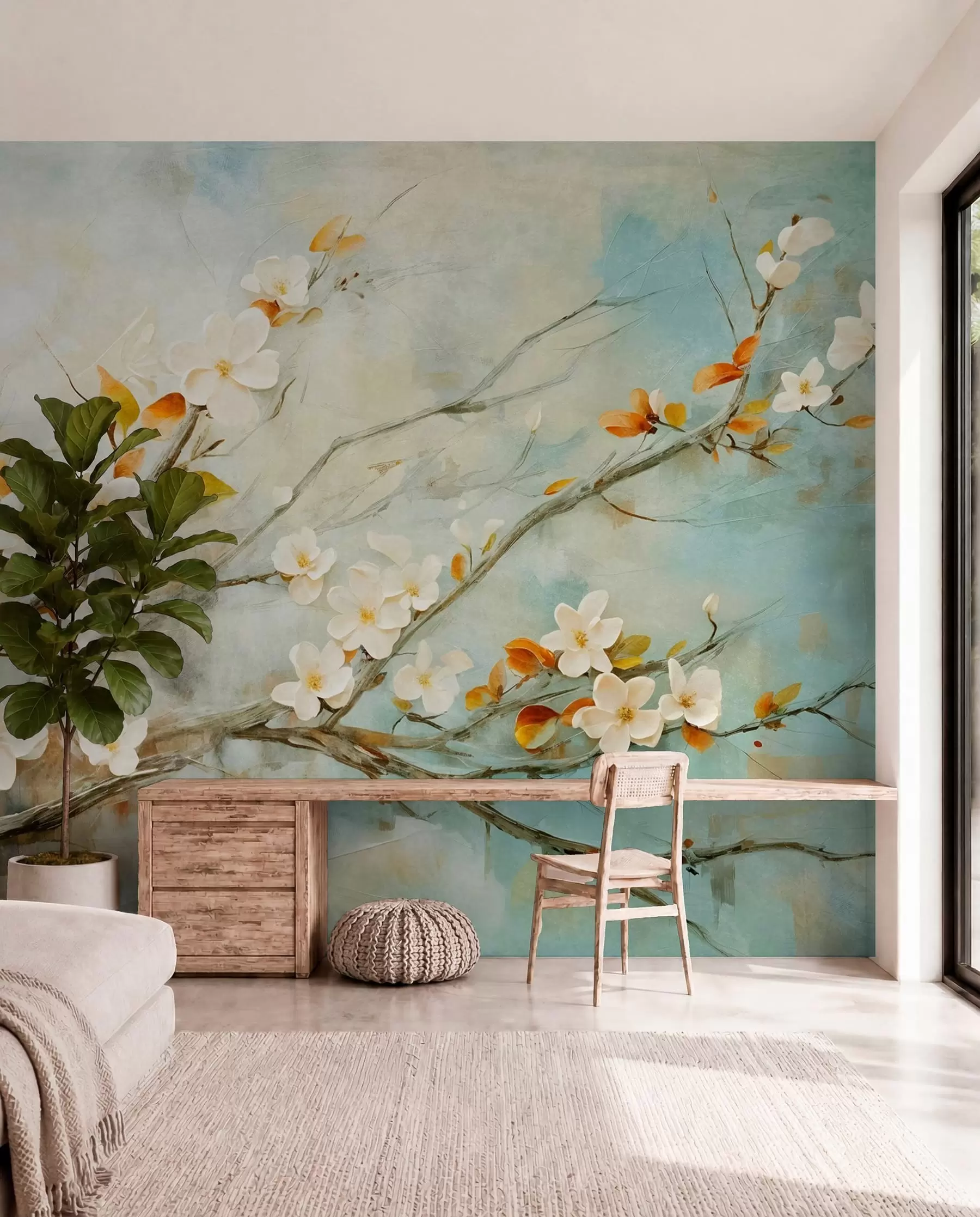 wall murals White cherry blossoms on branches against a soft blue and green background in oil painting style w08444