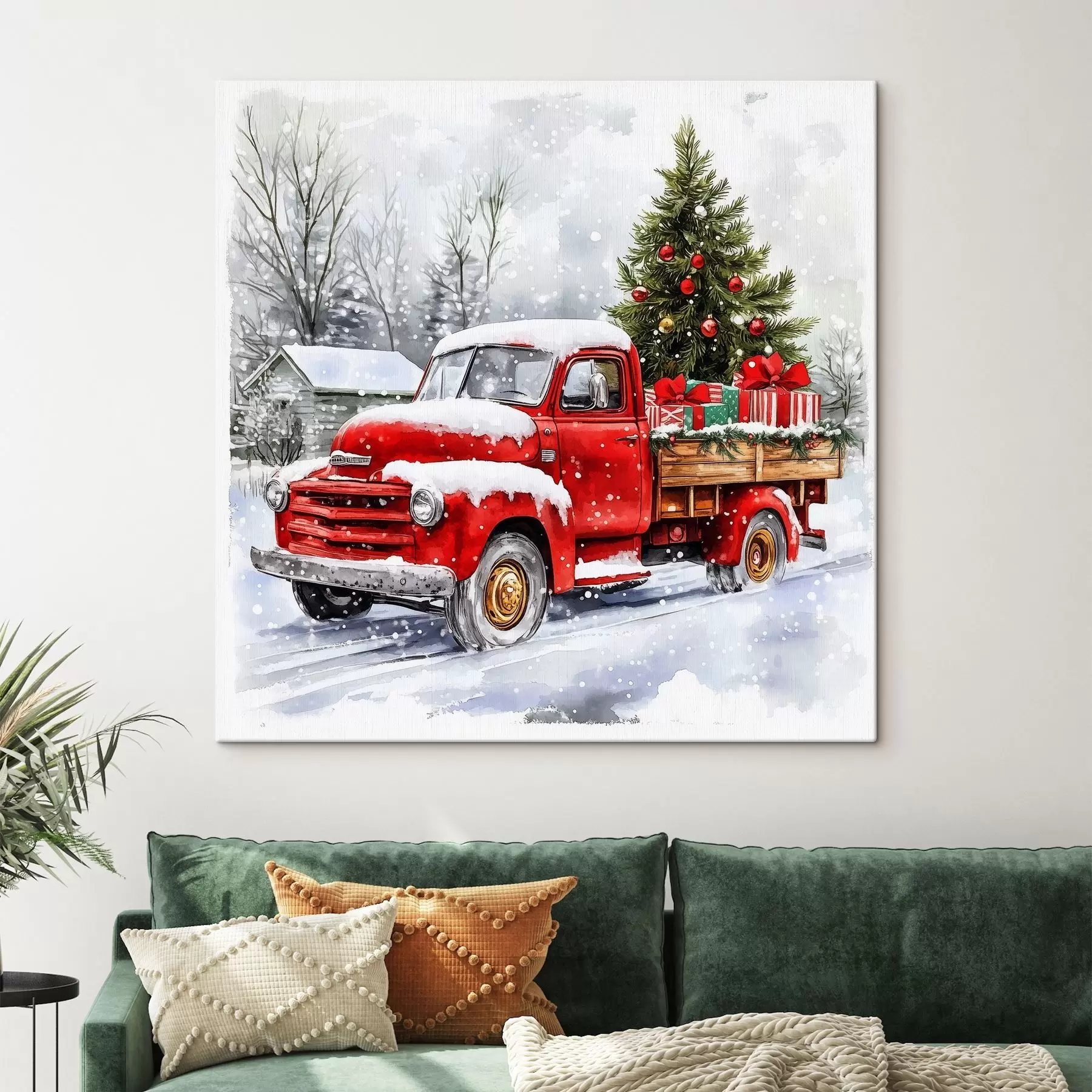 wall murals A Christmas car with a tree and gifts in snowy weather s41968