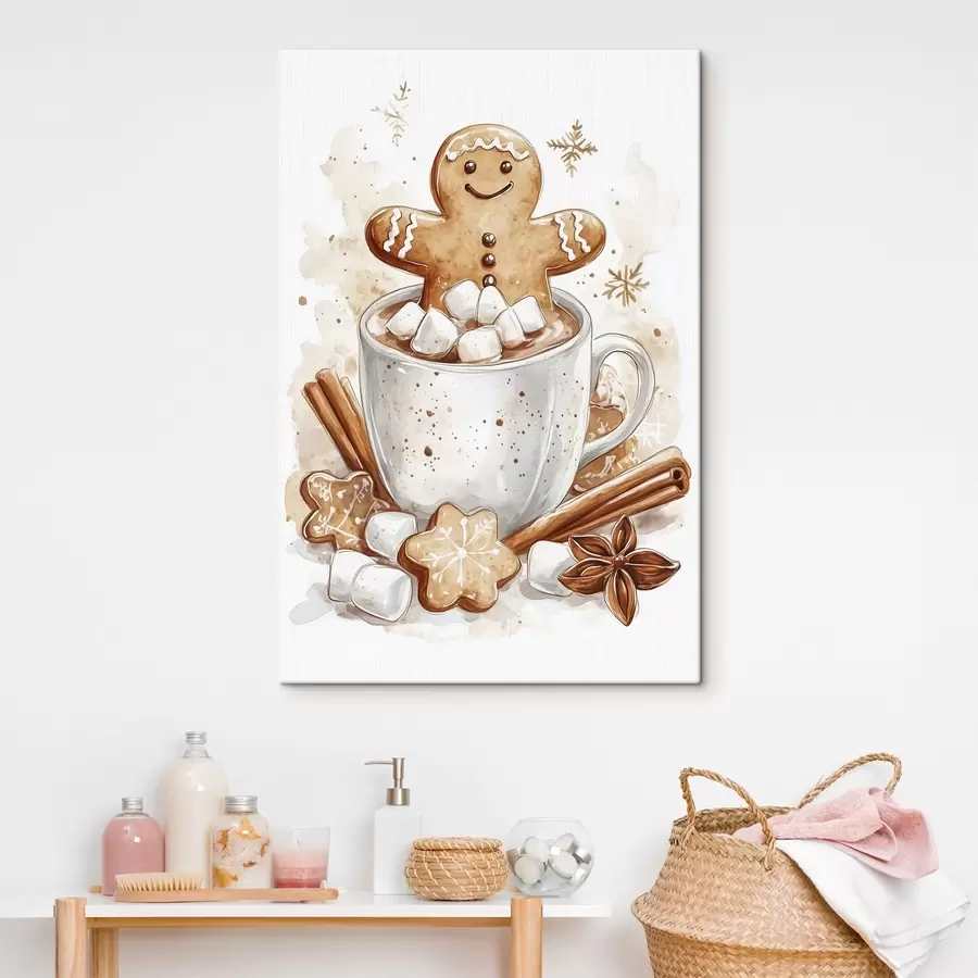 murales Hombres de pan de jengibre en la taza de café, canela, malvaviscos, estilo acuarela, beige s41948