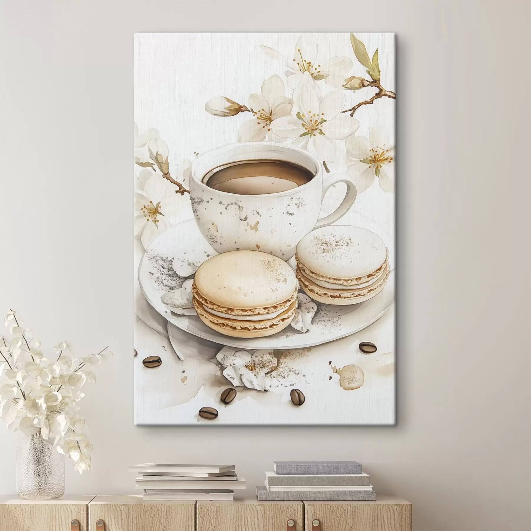 wall murals Cup of coffee with macaroons, watercolor style, soft colors, jasmine flowers s41949