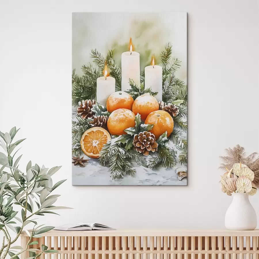 wall murals Christmas decor with candles, pine tree, cones and oranges, watercolor style s41951