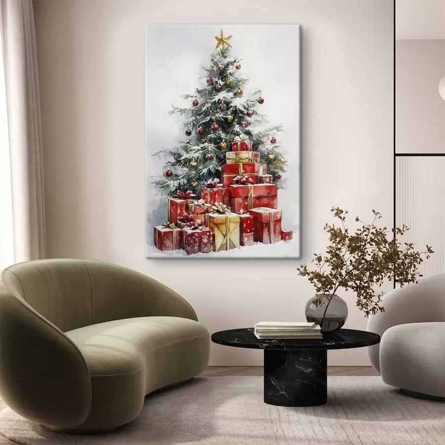 murales Árbol de navidad festivo con regalos envueltos, nieve, estilo acuarela s41953