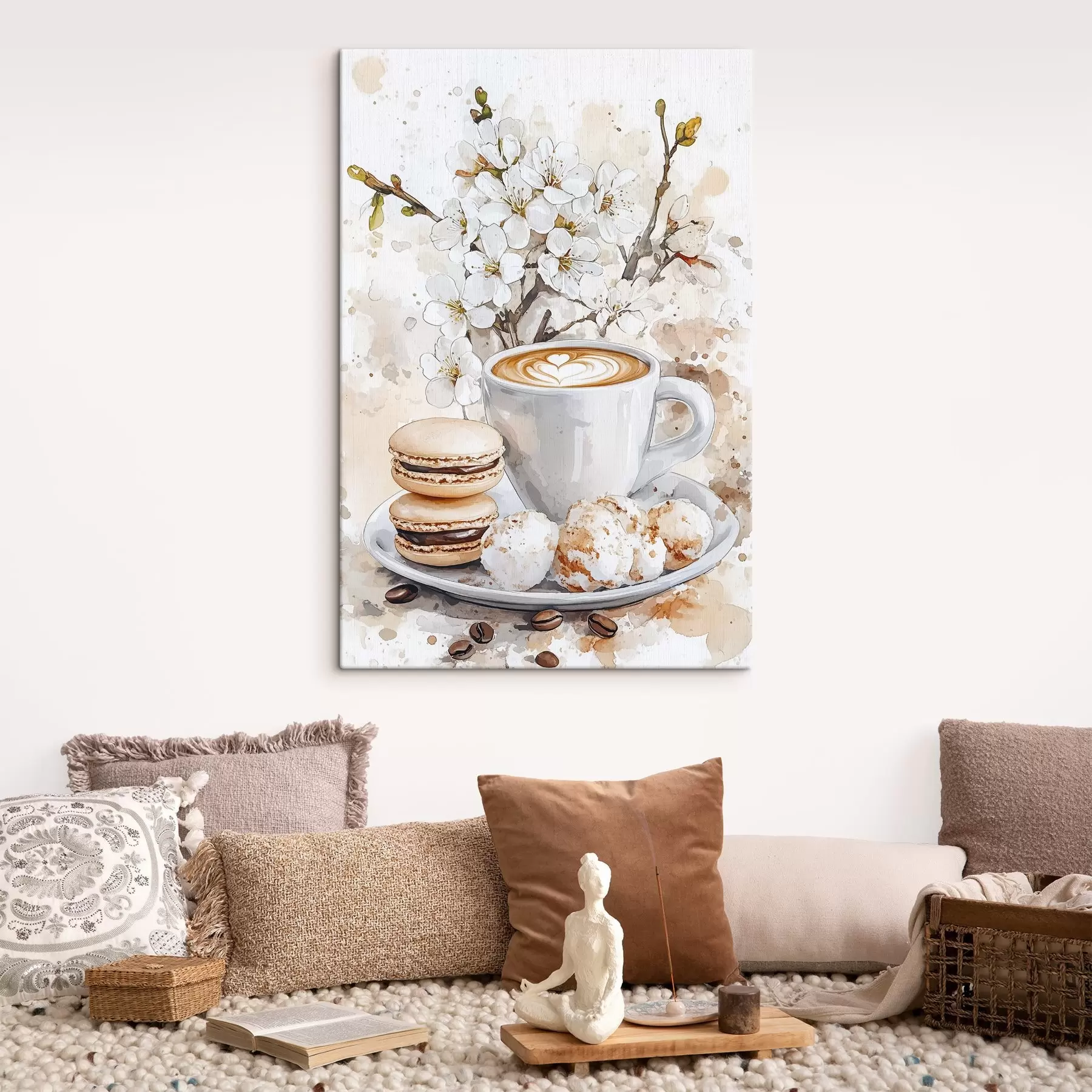wall murals Beautiful cup of coffee, jasmine flowers, macaroons, soft watercolor colors s41964