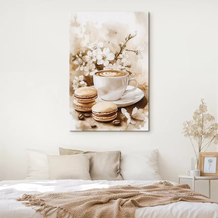 wall murals Macaroons, cup of coffee, watercolor style, beige colors, jasmine flowers s41965